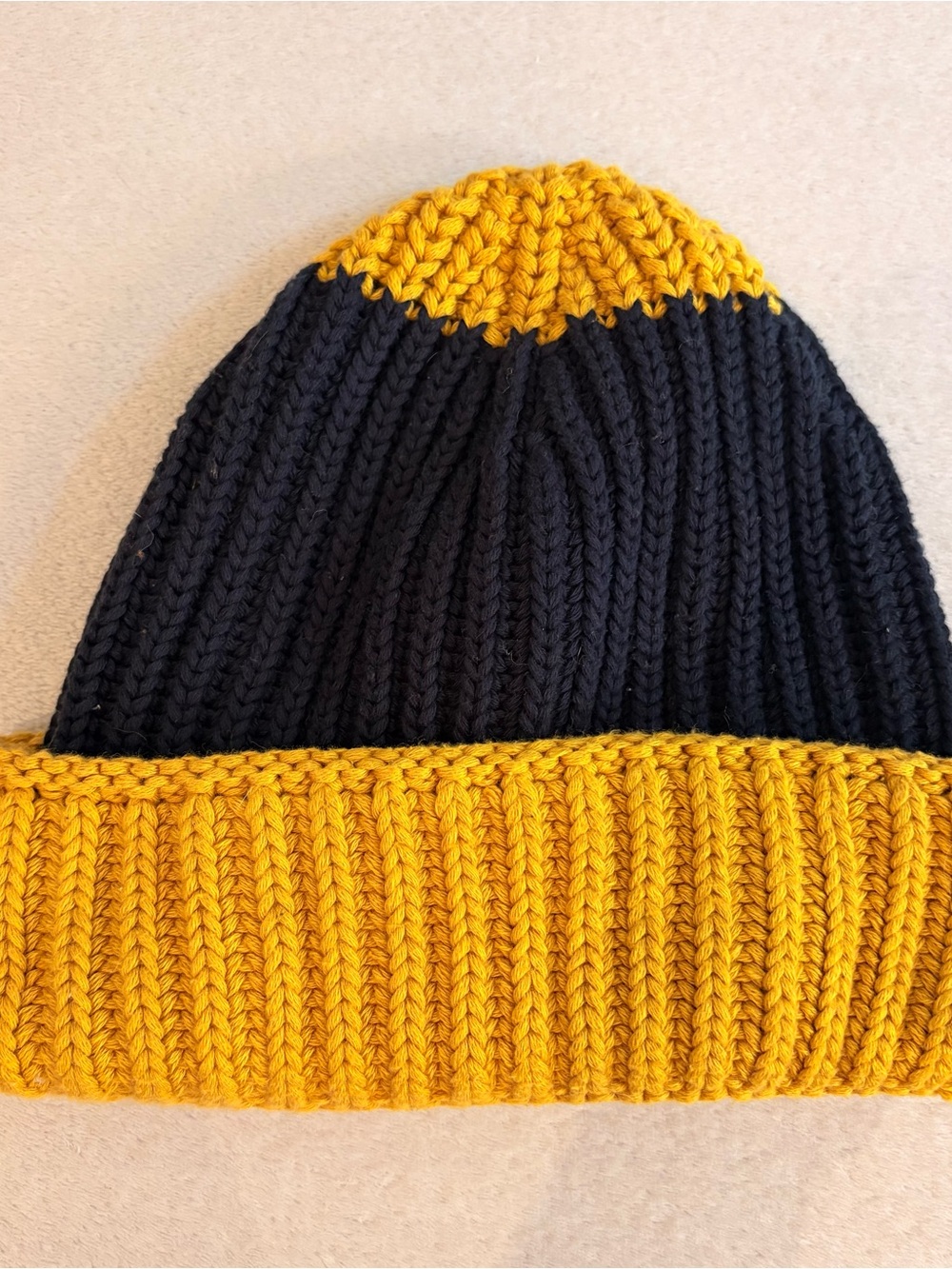 Zara Two-Tone Chunky Knit Cotton Hat - Yellow and Navy - OS